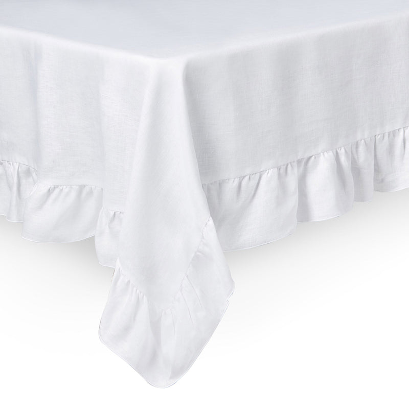 High quality luxury white ruffled frilled Irish linen tablecloth, wedding tablecloth