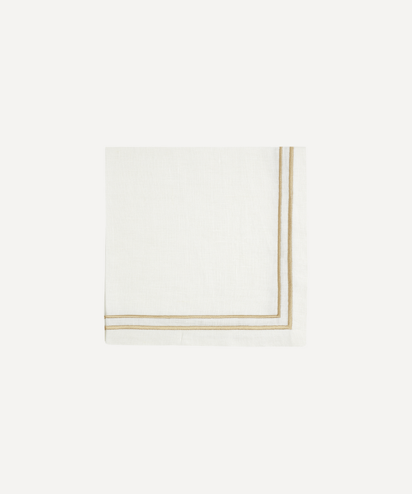 Rebecca Udall Luxury Metallic two cord embroidery linen Dinner Napkin, White. Antique Gold, taupe, mustard