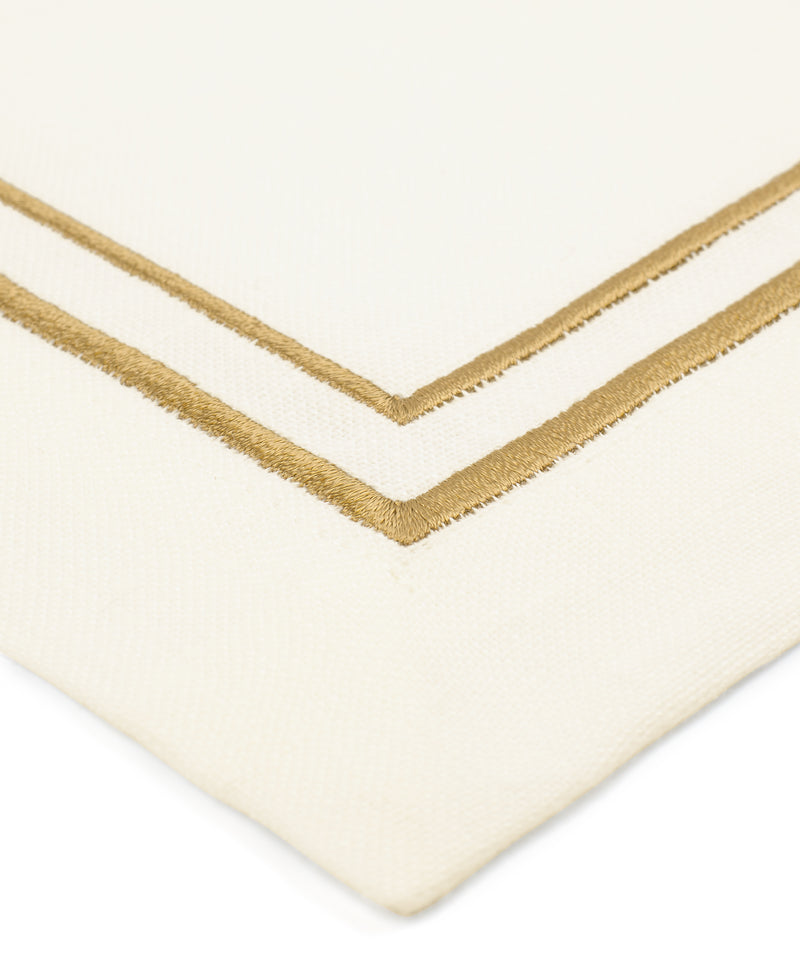 Rebecca Udall Luxury Metallic two cord embroidery linen Dinner Napkin, White. Antique Gold