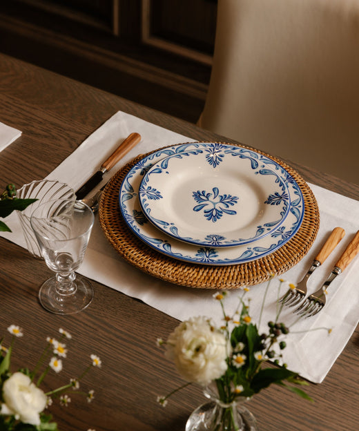 Rebecca Udall Jacquard Linen Placemat, White with the Rattan Charger