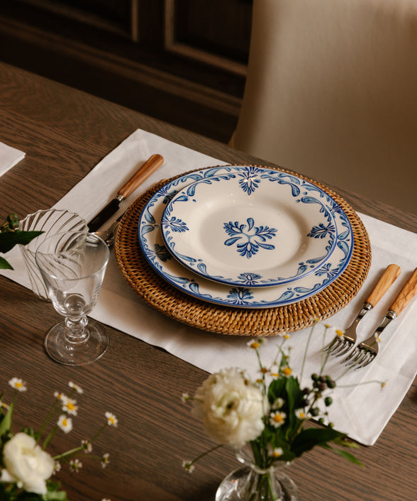 Rebecca Udall Jacquard Linen Placemat, White with the Rattan Charger
