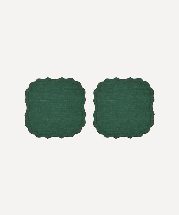 Rebecca Udall Luxury waxed linen placemats. Stella forest fir pine dark green and chocolate brown