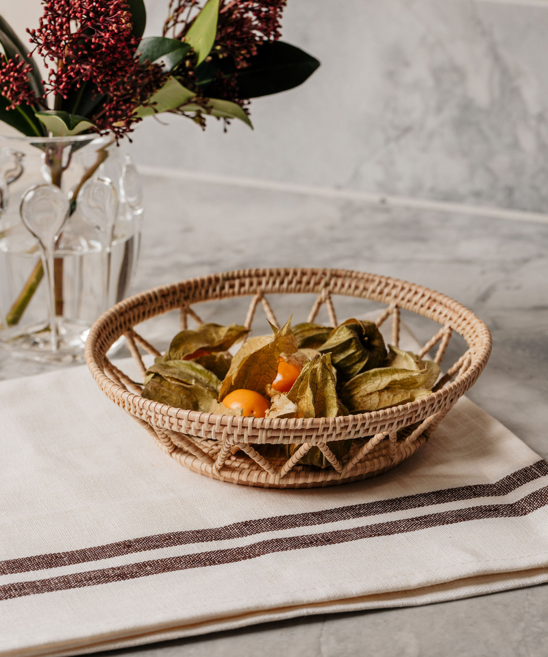 Rebecca Udall Pair of Striped Linen Tea Towels, Chocolate, and Zelda Basket