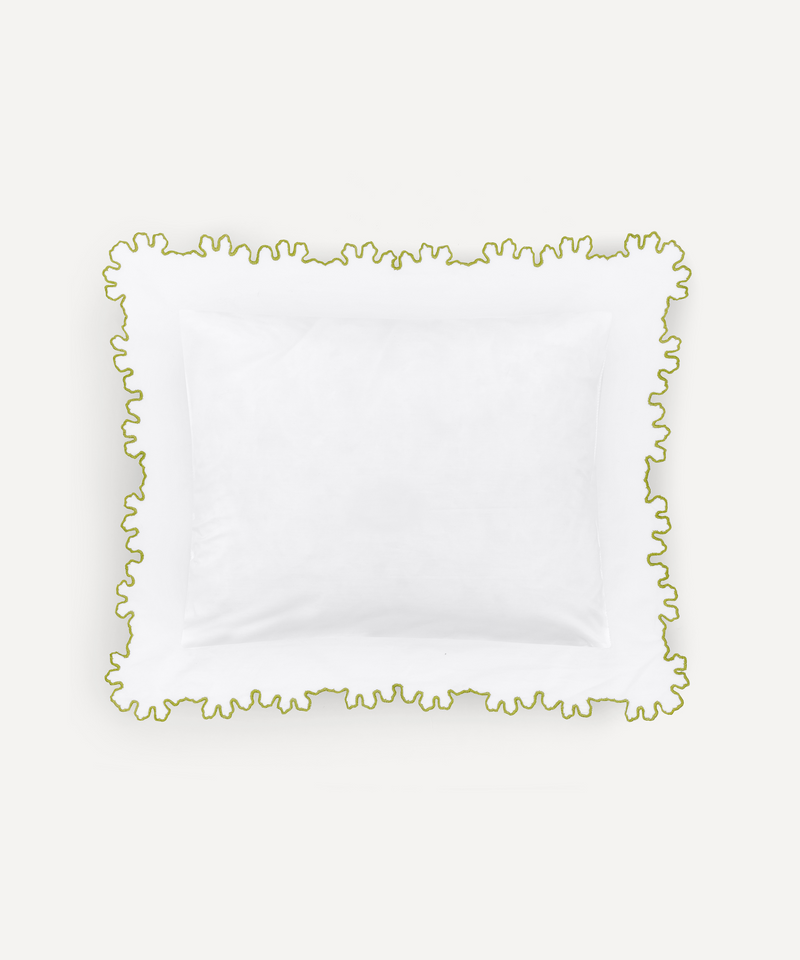 Thea Scalloped Boudoir Pillowcase, Chartreuse, Ivory Background