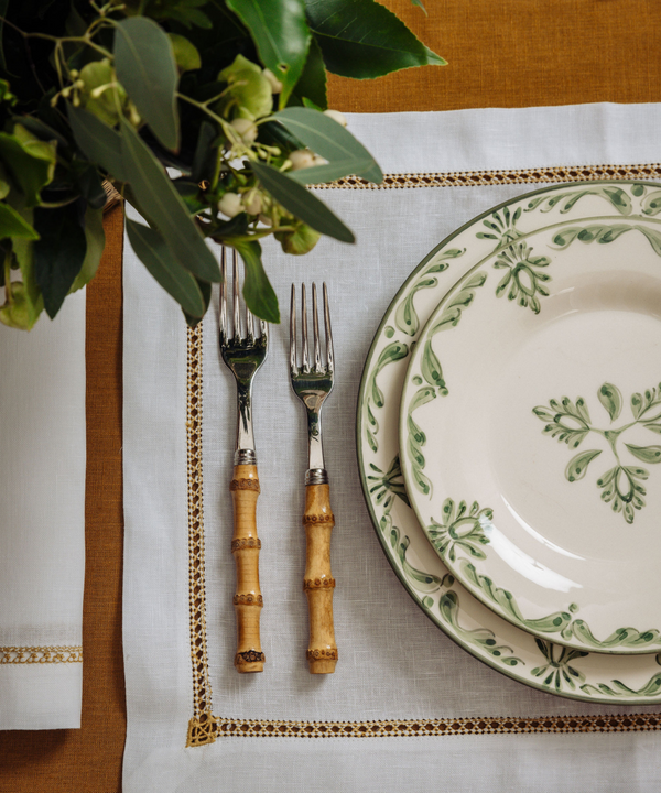 Rebecca Udall Georgiana Ladderstitch Linen Placemat, Straw, with Eleanor Crockery, Forest Green