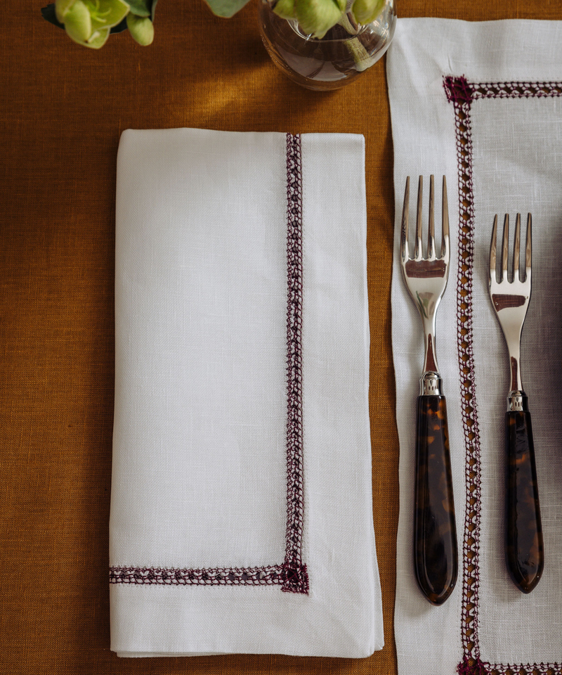 Georgiana Ladderstitch Linen Napkin, Burgundy