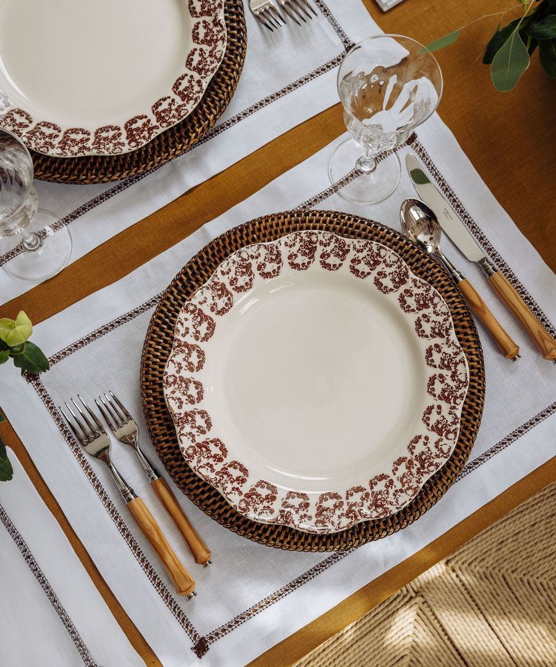 Rebecca Udall Georgiana Ladderstitch Linen Placemat, Burgundy with Josephine Dinner Plate