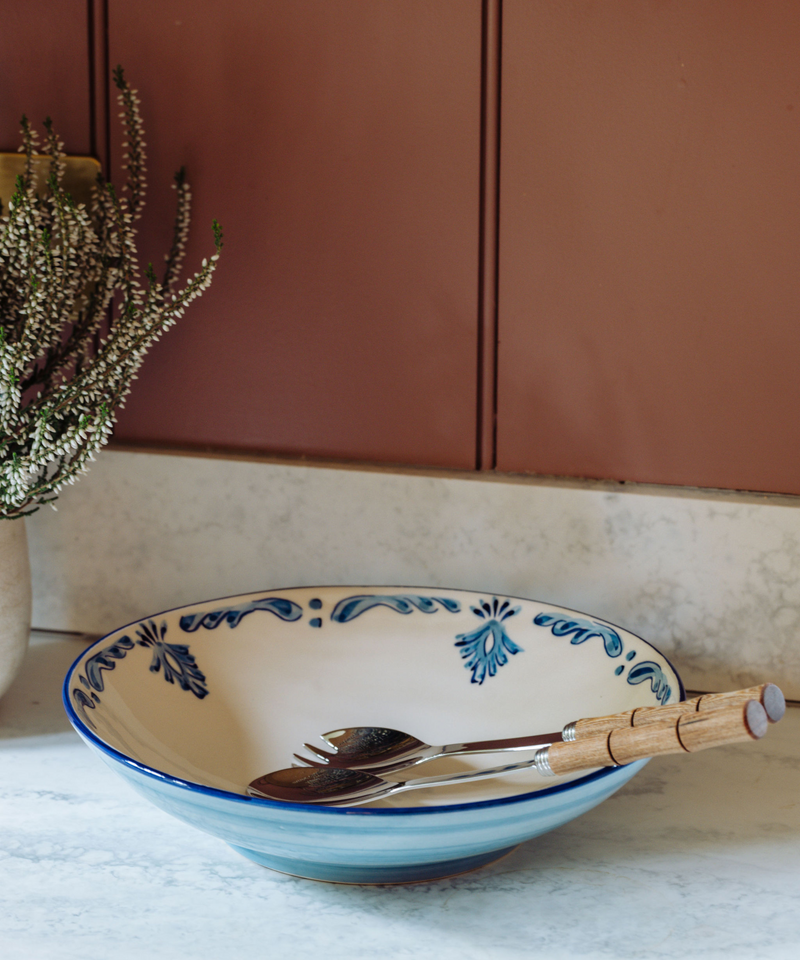 Eleanor Serving Bowl, Blue, & Bamboo Handle Serving Set