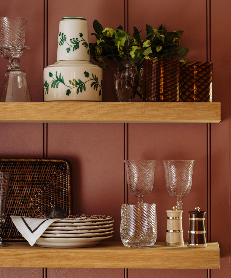 Rebecca Udall Iris Ceramic Carafe & Pair of Tumblers, Dark Green, Shelving Detail