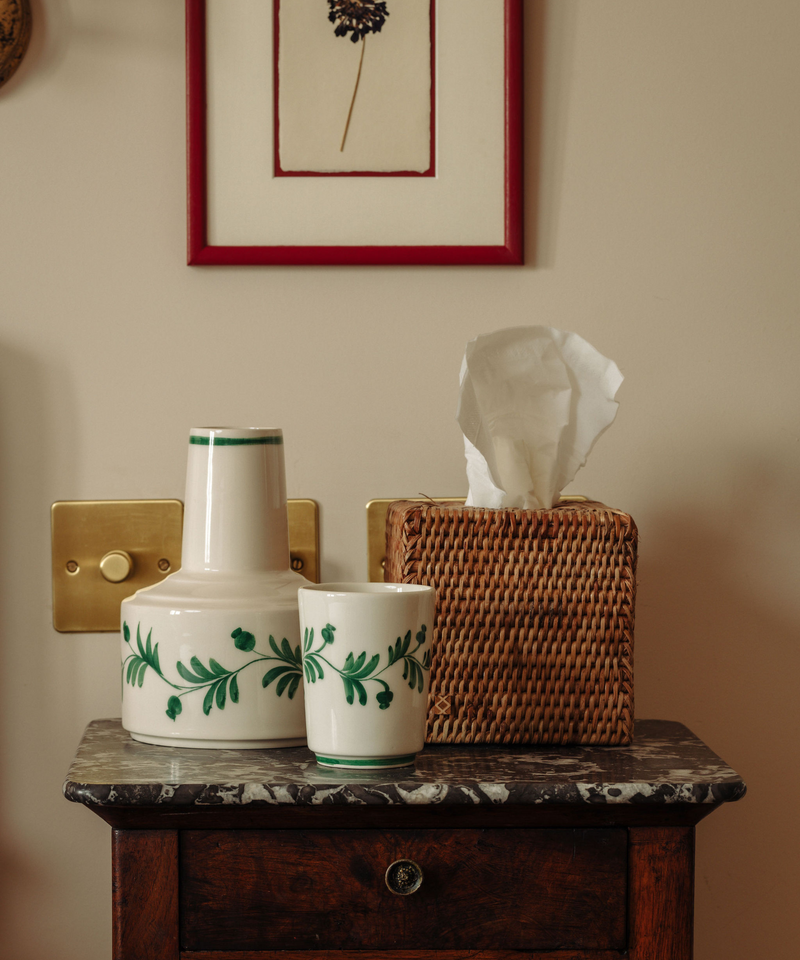 Rebecca Udall Iris Ceramic Carafe & Pair of Tumblers, Dark Green, with Rattan Tissue Box Cover