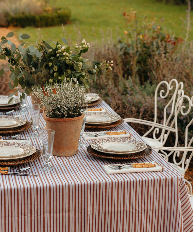 Rebecca Udall Victoria Striped Linen Tablecloth, Dusty Rosewood, Lifestyle