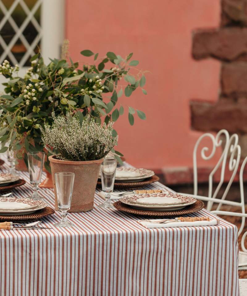 Victoria Striped Linen Tablecloth, Dusty Rosewood