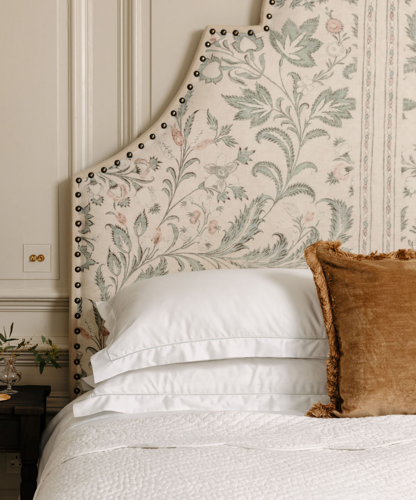 Rebecca Udall Lola Brushed Fringe Linen Velvet Square Cushion, Nougat, bedroom lifestyle