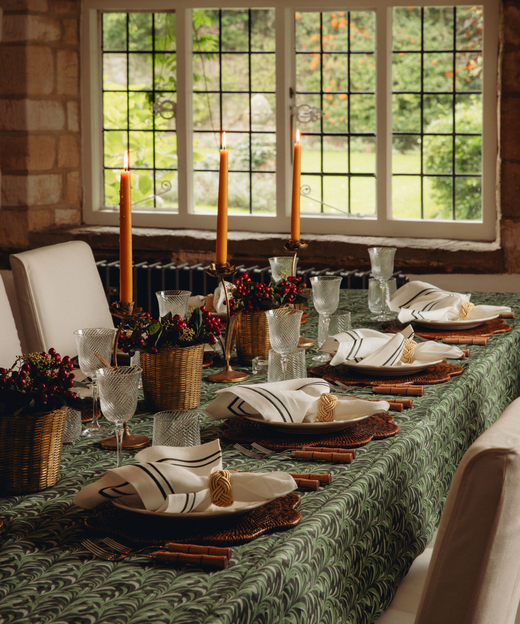 Marble Linen Tablecloth, Green, Dining Room Lifestyle