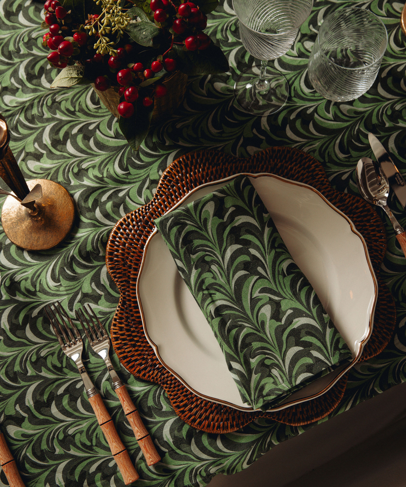 Rebecca Udall Scalloped Rattan Placemat, Brown, with Green Marble Linen Tablecloth