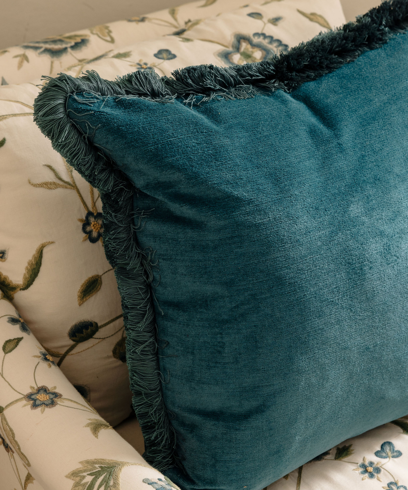Rebecca Udall Lola Brushed Fringe Linen Velvet Square Cushion, Denim Blue, lifestyle detail