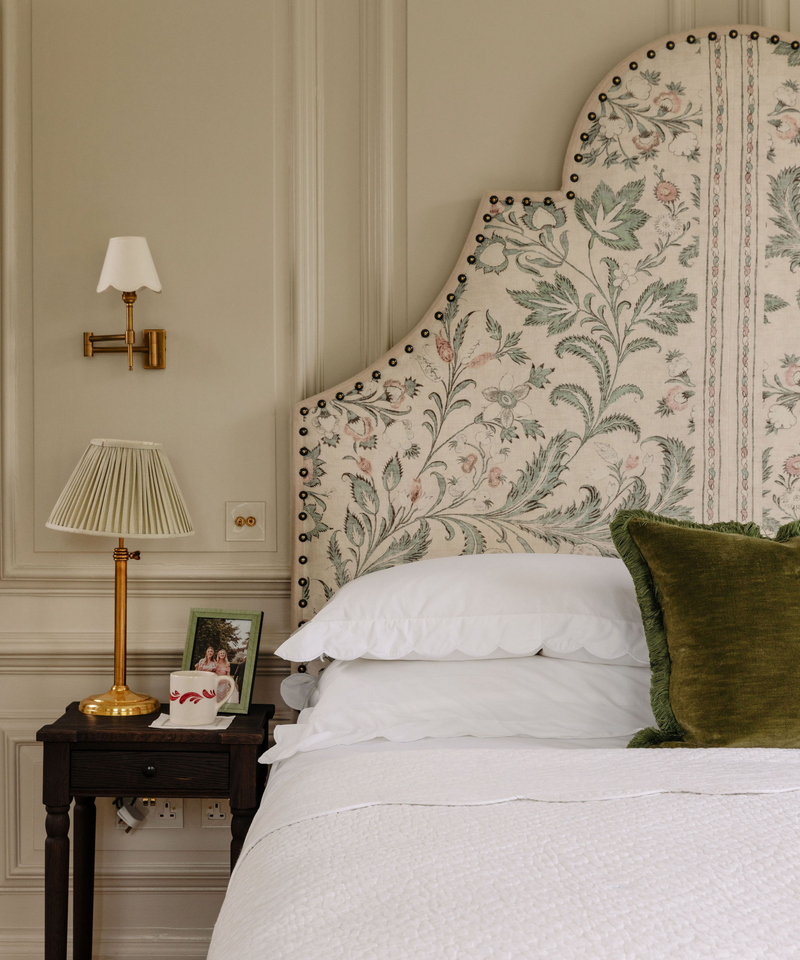 Rebecca Udall Lola Brushed Fringe Linen Velvet Square Cushion, Moss. Styled with Nina Scalloped Bedspread