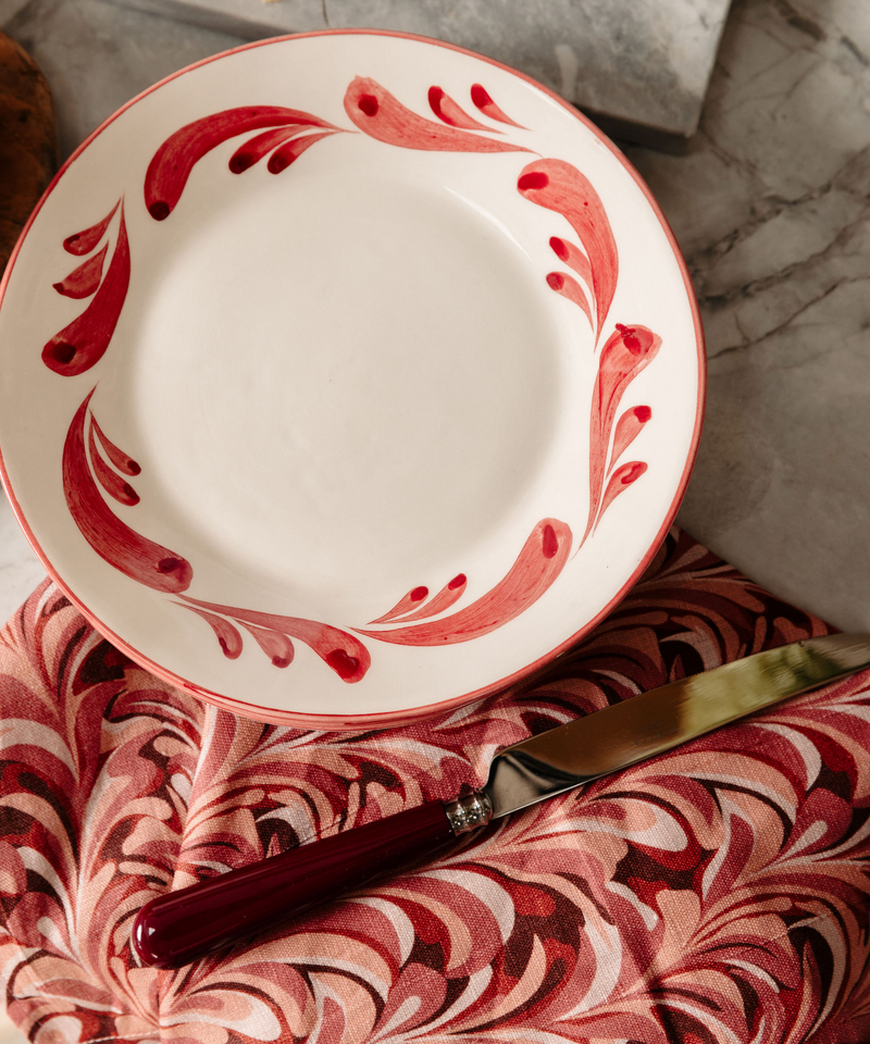 Rebecca Udall Celia Dessert Plate, Raspberry, with Pink Marble Napkin