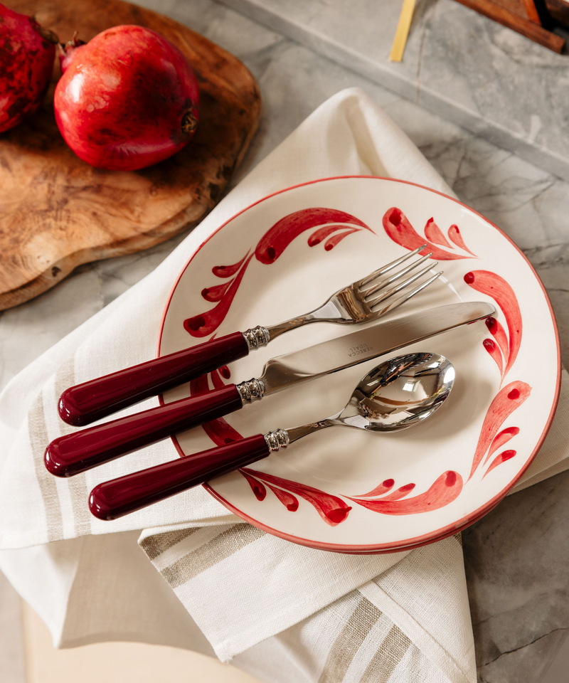 Rebecca Udall Celia Dessert Plate, Raspberry, with Burgundy Cutlery