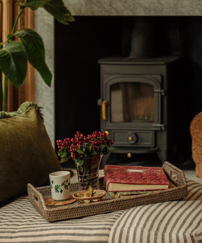 Rebecca Udall Rattan Serving Trays, Taupe, Living Room Lifestyle