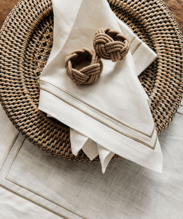 Rebecca Udall Rattan Charger, Taupe, with Braided Napkin Rings