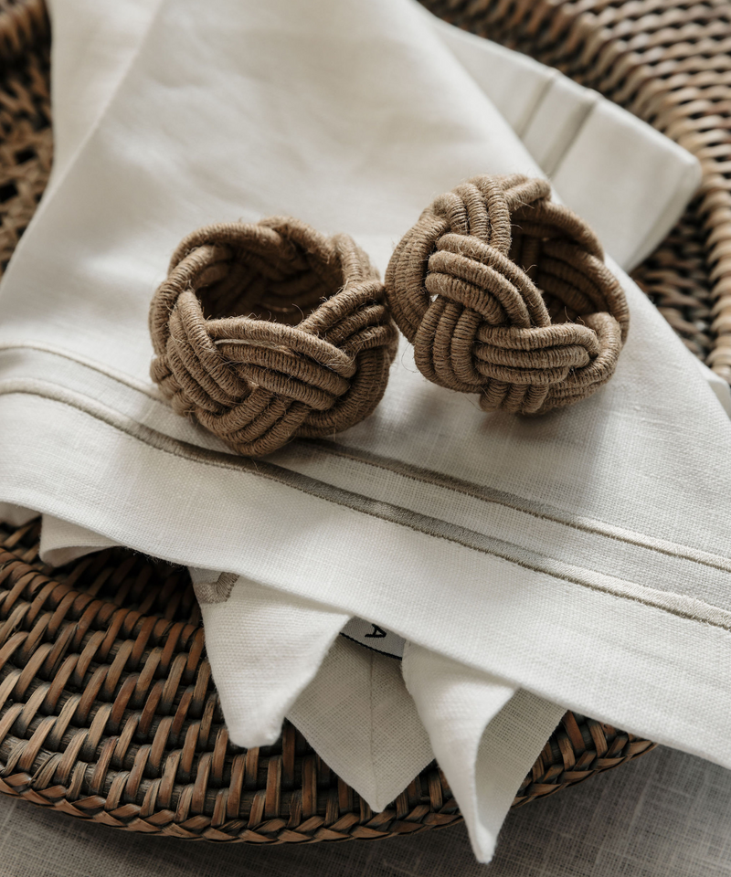 Rebecca Udall Rattan Charger, Taupe with Braided Napkin Rings, Lifestyle