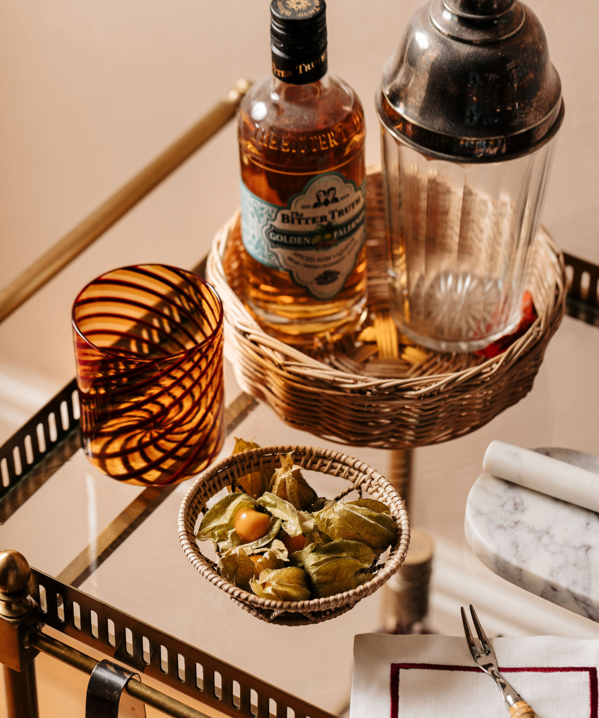 Pair of Murano Whisky Glasses, Amber/Chocolate, with Matilda Basket