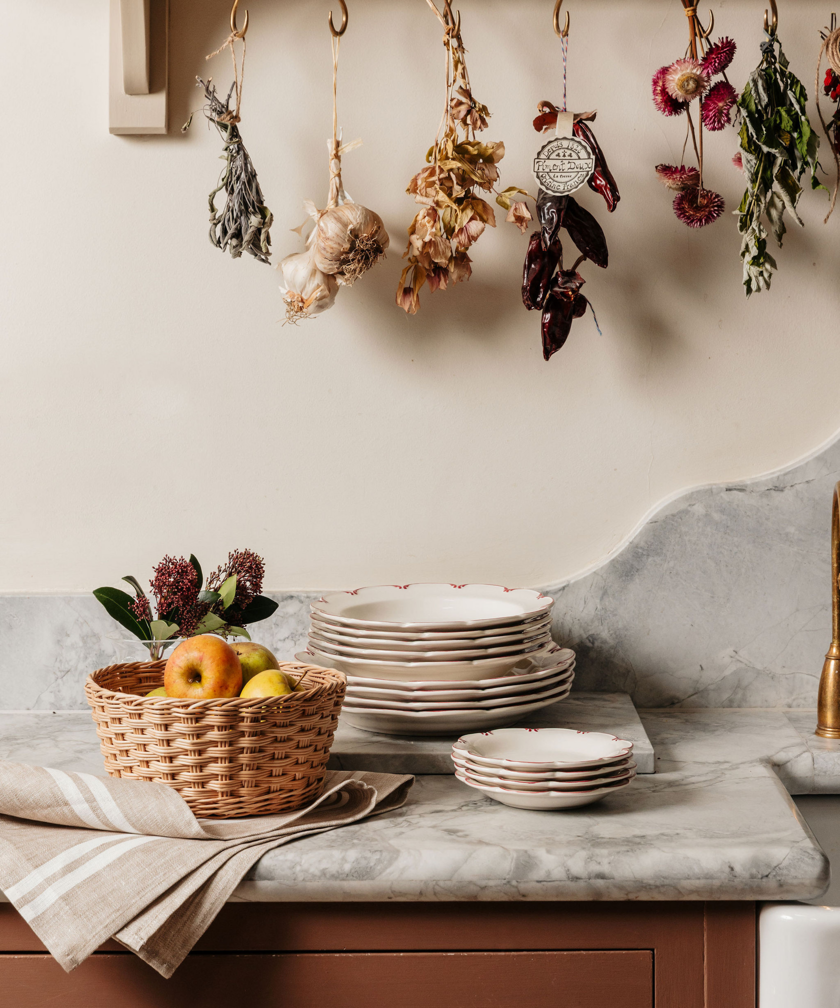 Olivia Scalloped Crockery, Raspberry Filet, with Siena Woven Basket