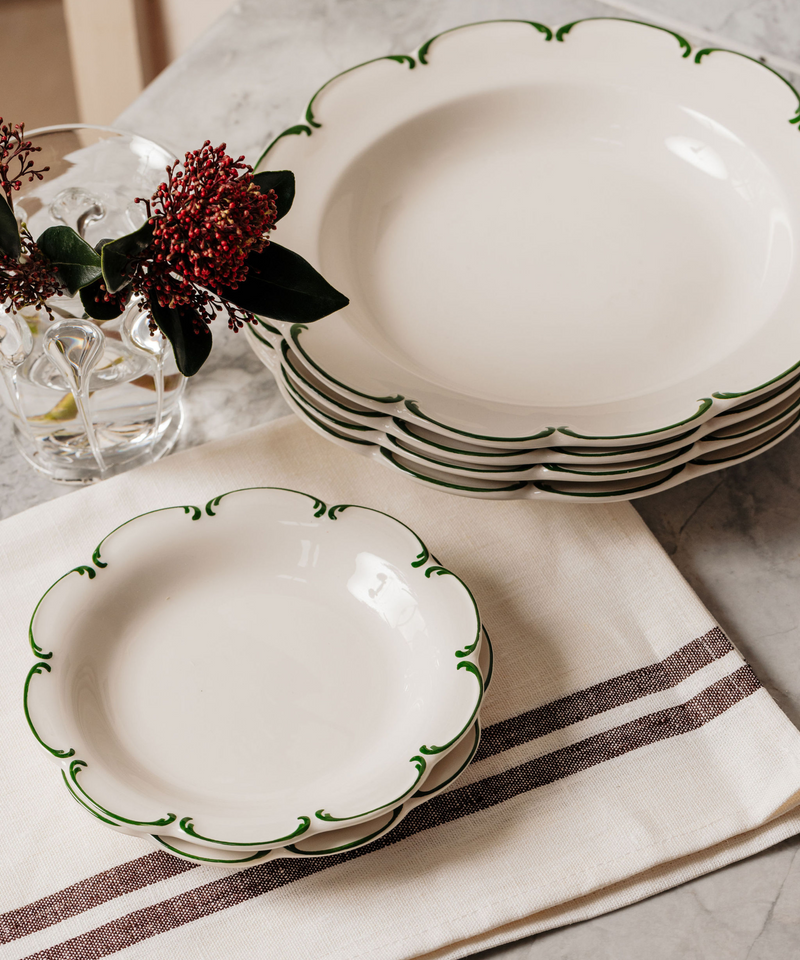 Rebecca Udall, Olivia Scalloped Crockery, Green Filet with Pandora Posy handblown vase