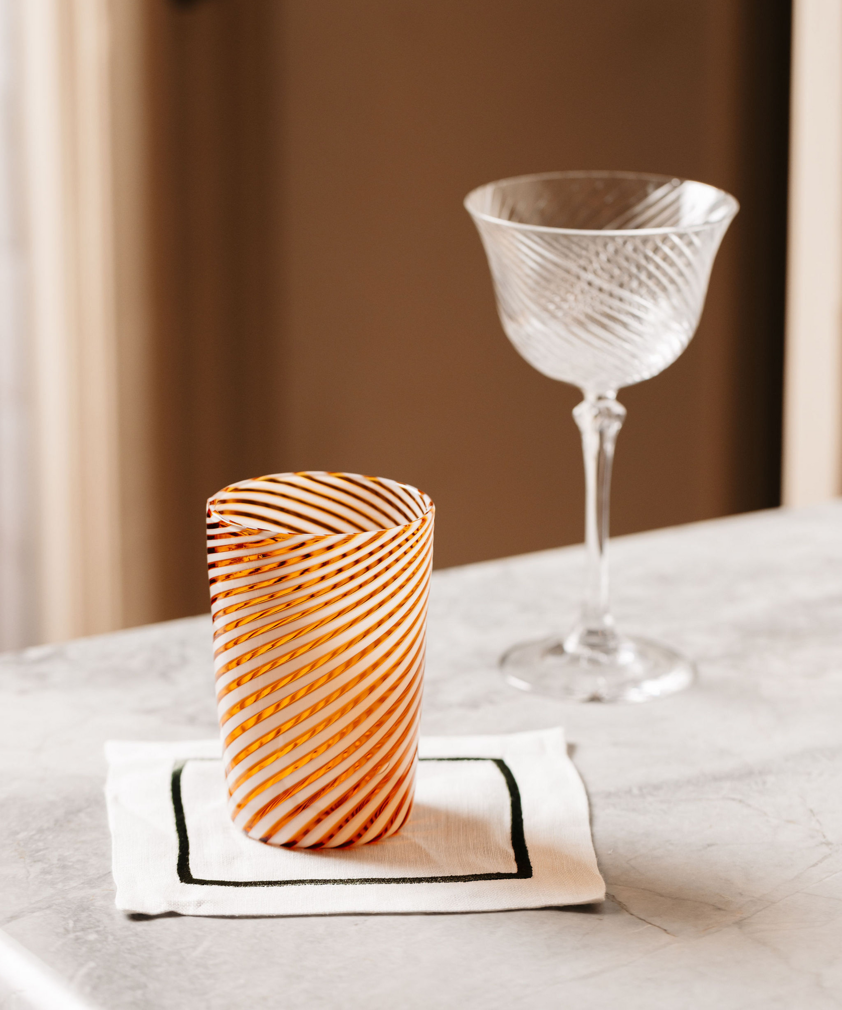 Pair of Murano Swirl Tumblers, Autumn, with Cocktail Napkin