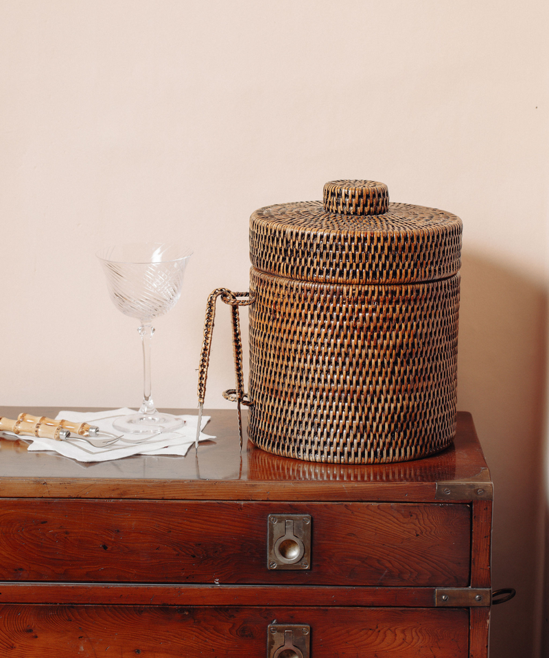 Rattan Ice Bucket with Tongs, Brown