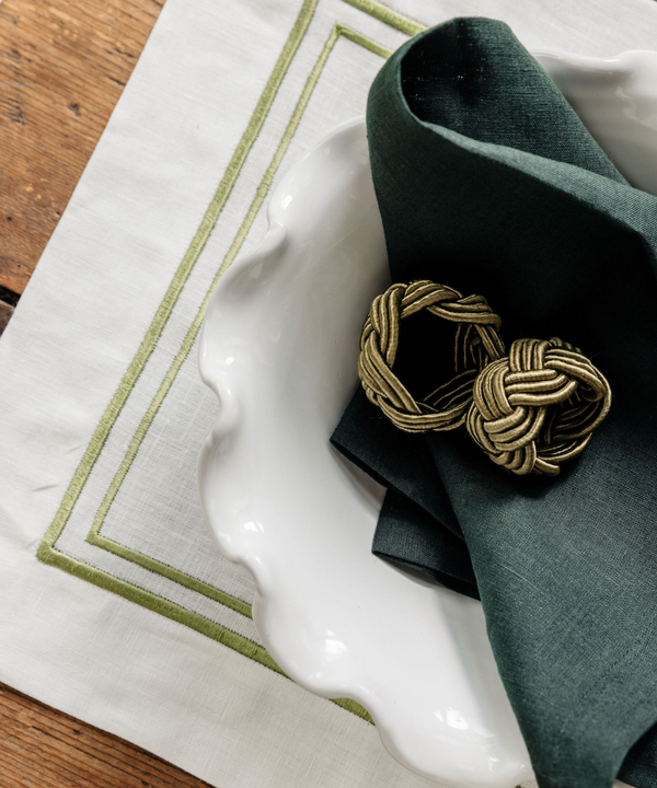 Rebecca Udall Set of 4 Braided Napkin Rings, Moss with Sophie Two Cord Placemat.