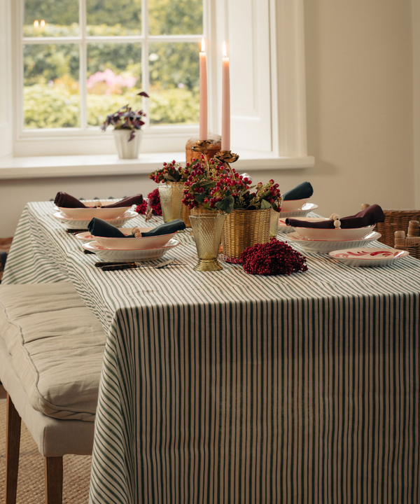 Victoria Striped Linen Tablecloth, Fir Green