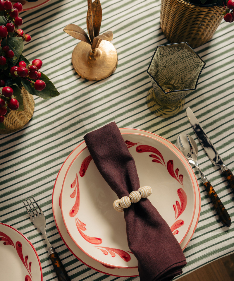 Victoria Striped Linen Tablecloth, Fir Green