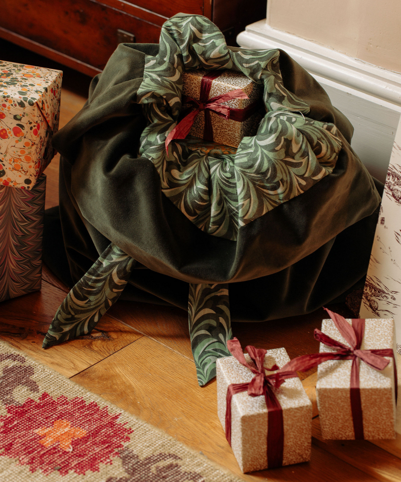 Rebecca Udall Marble Linen & Velvet Christmas Sack, Green, lifestyle