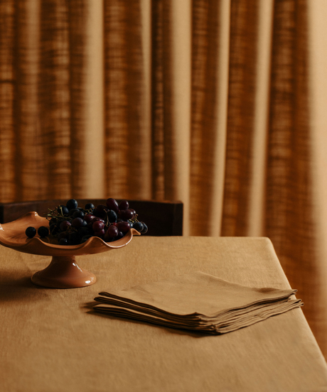 Classic Linen Table Linens, Straw, with Claudia Footed Bowl