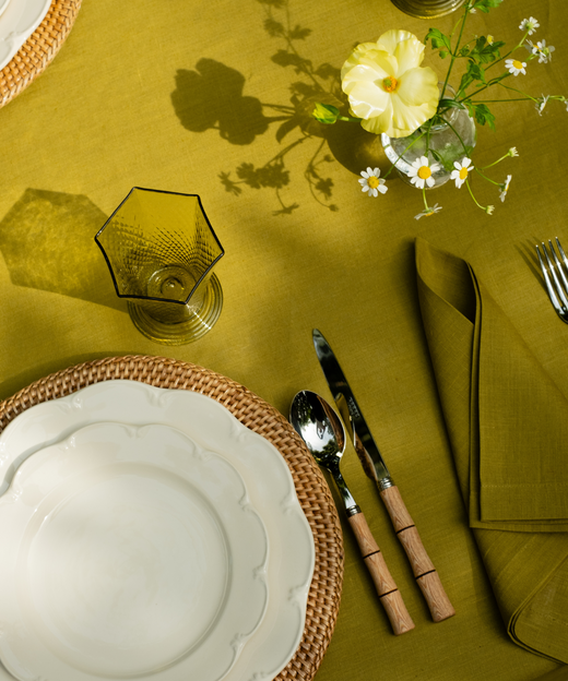 Classic Linen Table Linens, Chartreuse, with Olivia Crockery
