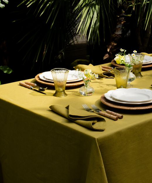 Classic Linen Table Linens, Chartreuse, with Freida Glasses