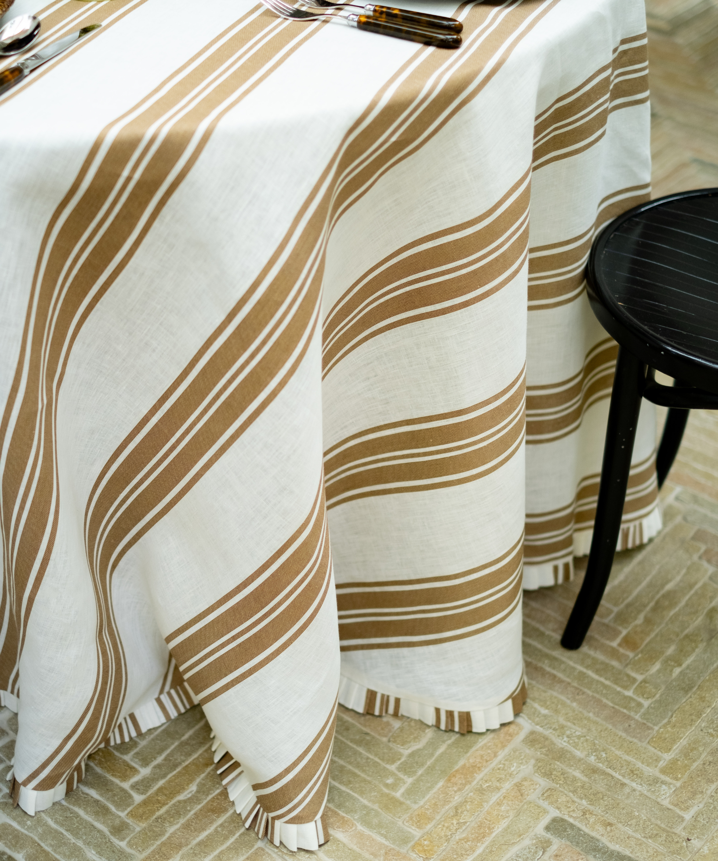 Colette Pleated Striped Linen Round Tablecloth, Nougat, Detail