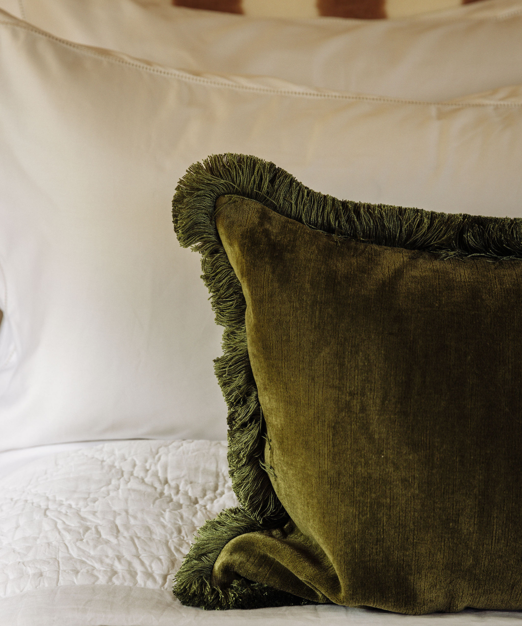 Lola Brushed Fringe Linen Velvet Lumbar Cushion, Moss