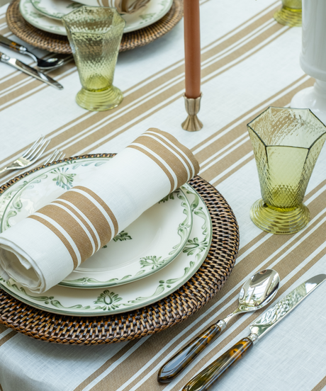 Colette Striped Linen Napkin, Nougat, with Eleanor Crockery