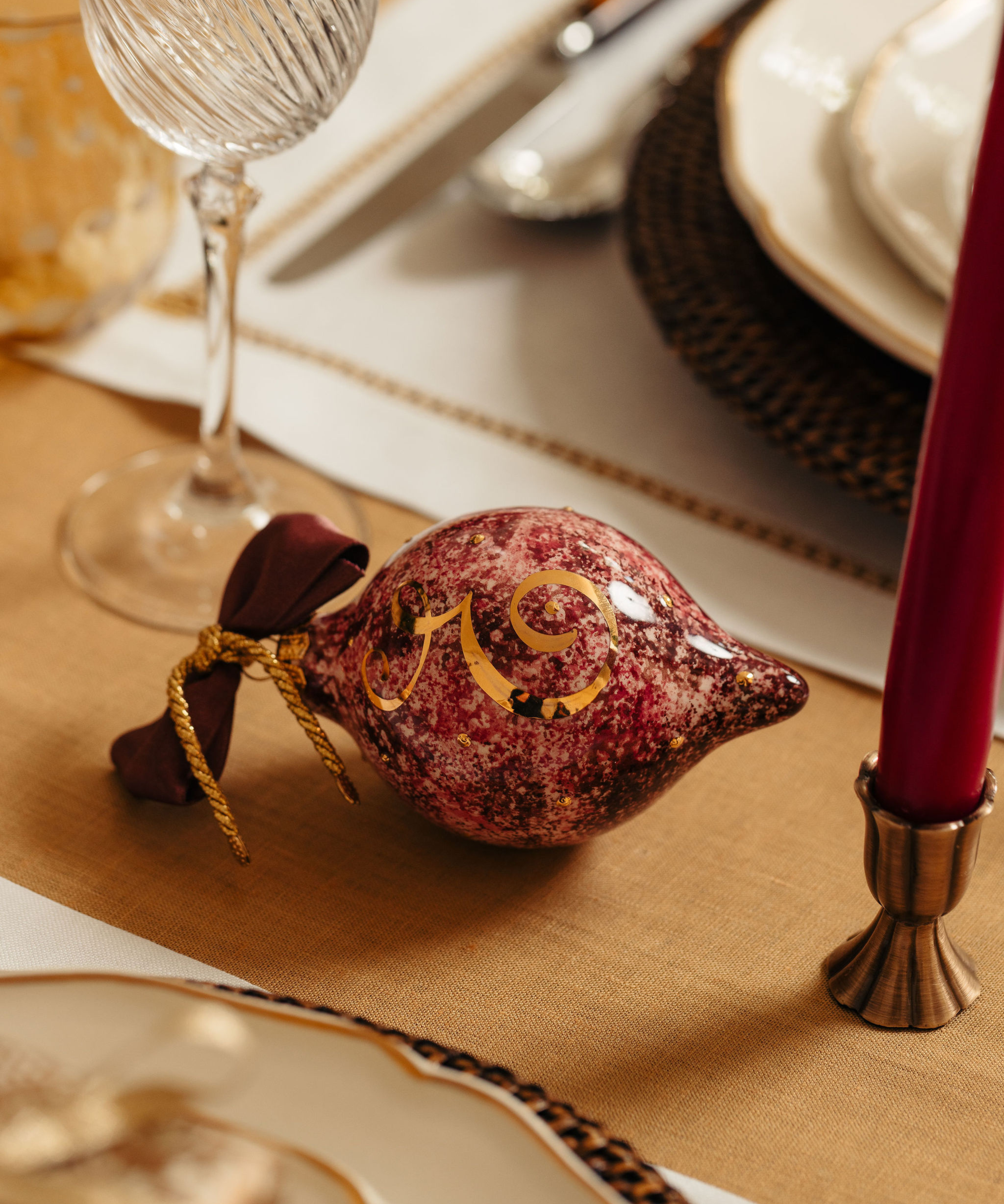 Natalia Initial Bauble, Gold/Burgundy, with Lifestyle