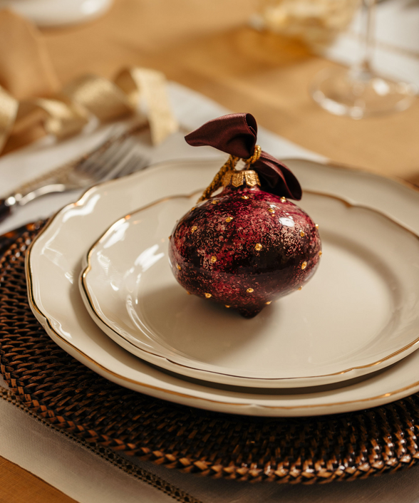 Natalia Bauble, Gold/Burgundy, with Crockery