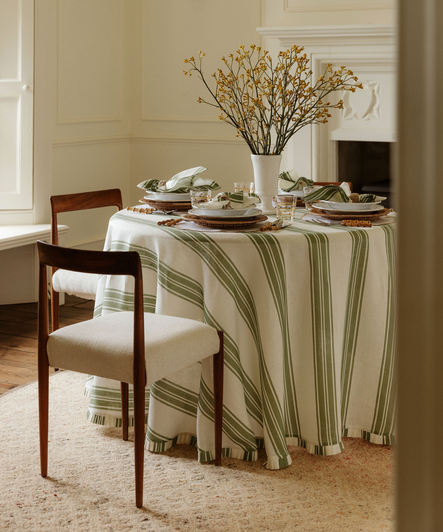 Colette Pleated Striped Linen Round Tablecloth, Olive Green