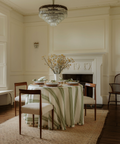 Colette Pleated Striped Linen Round Tablecloth, Olive Green, Dining Room Lifestyle