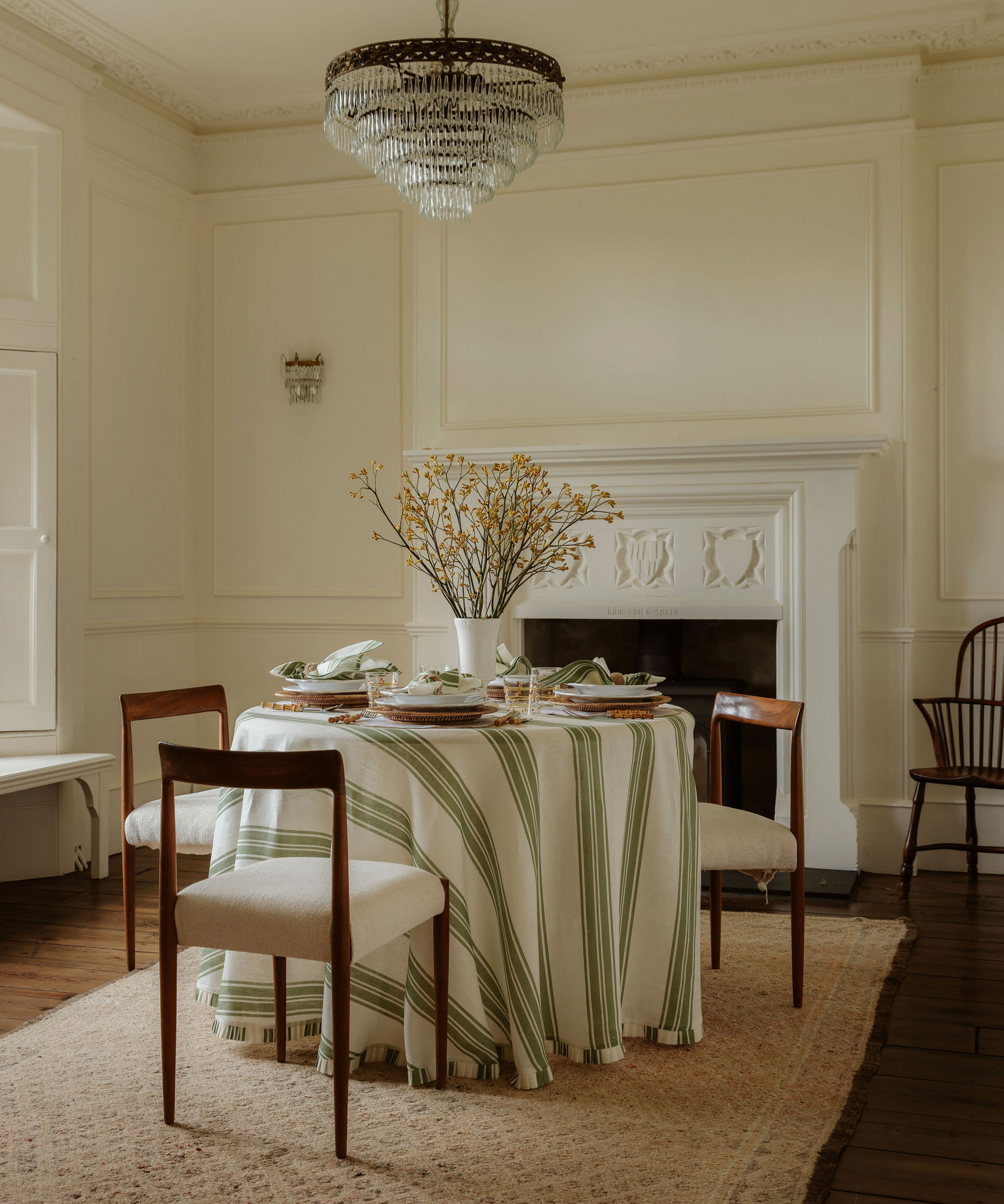 Colette Pleated Striped Linen Round Tablecloth, Olive Green