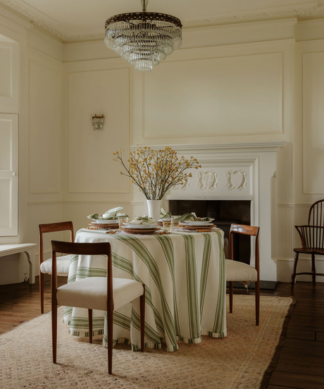 Colette Pleated Striped Linen Round Tablecloth, Olive Green, Dining Room Lifestyle
