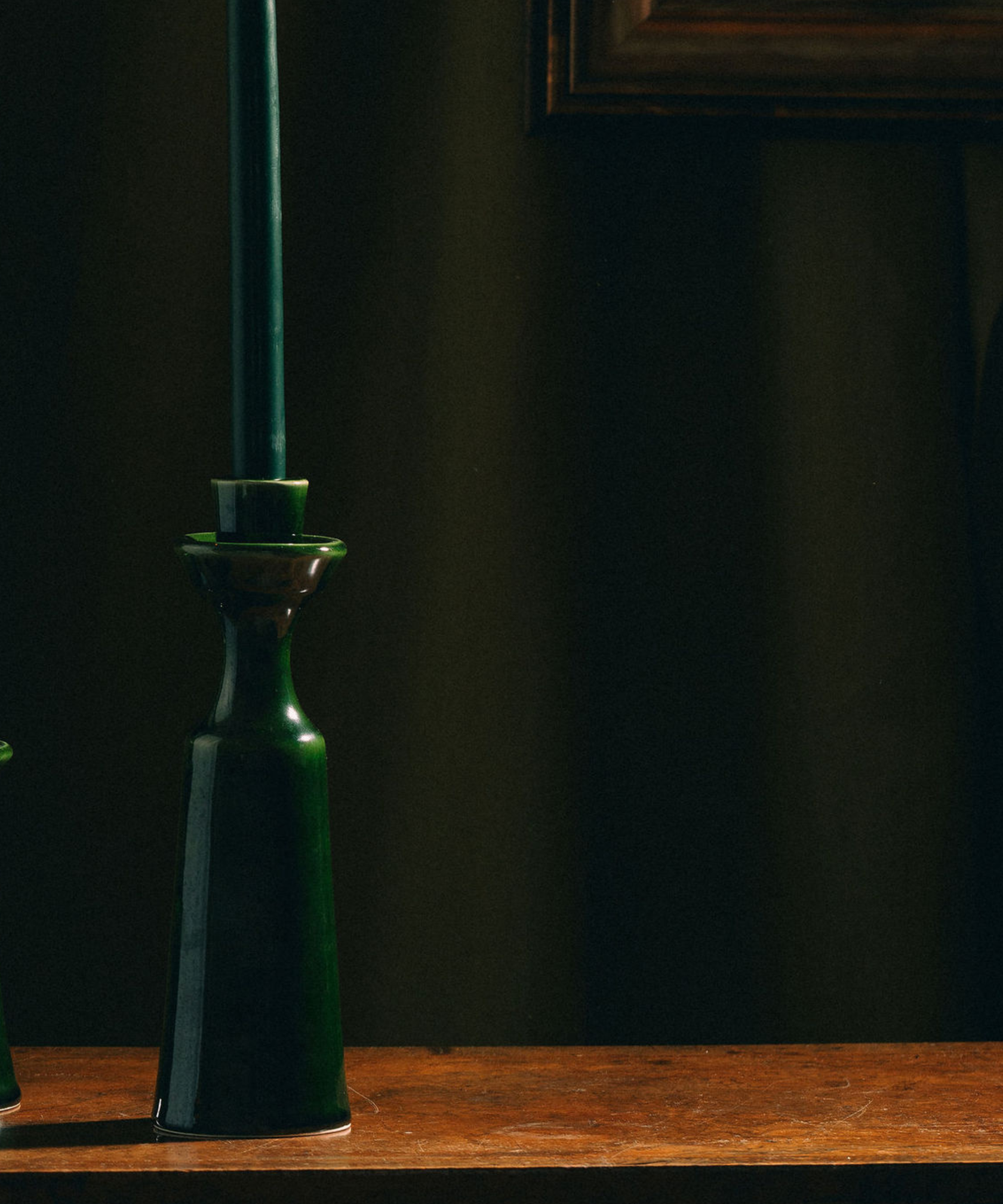 Alma Tall Candlestick, Green, Lifestyle, with Candle