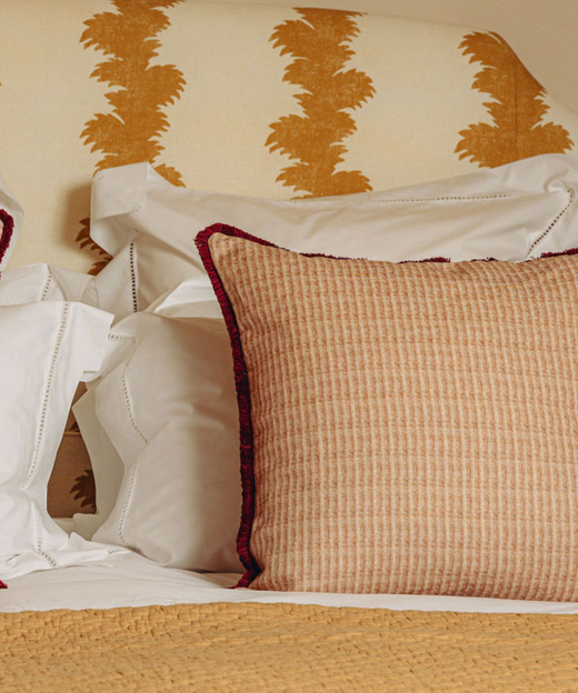Margot Fringed Linen Cushion Cover, Rhubarb, Bedroom Lifestyle