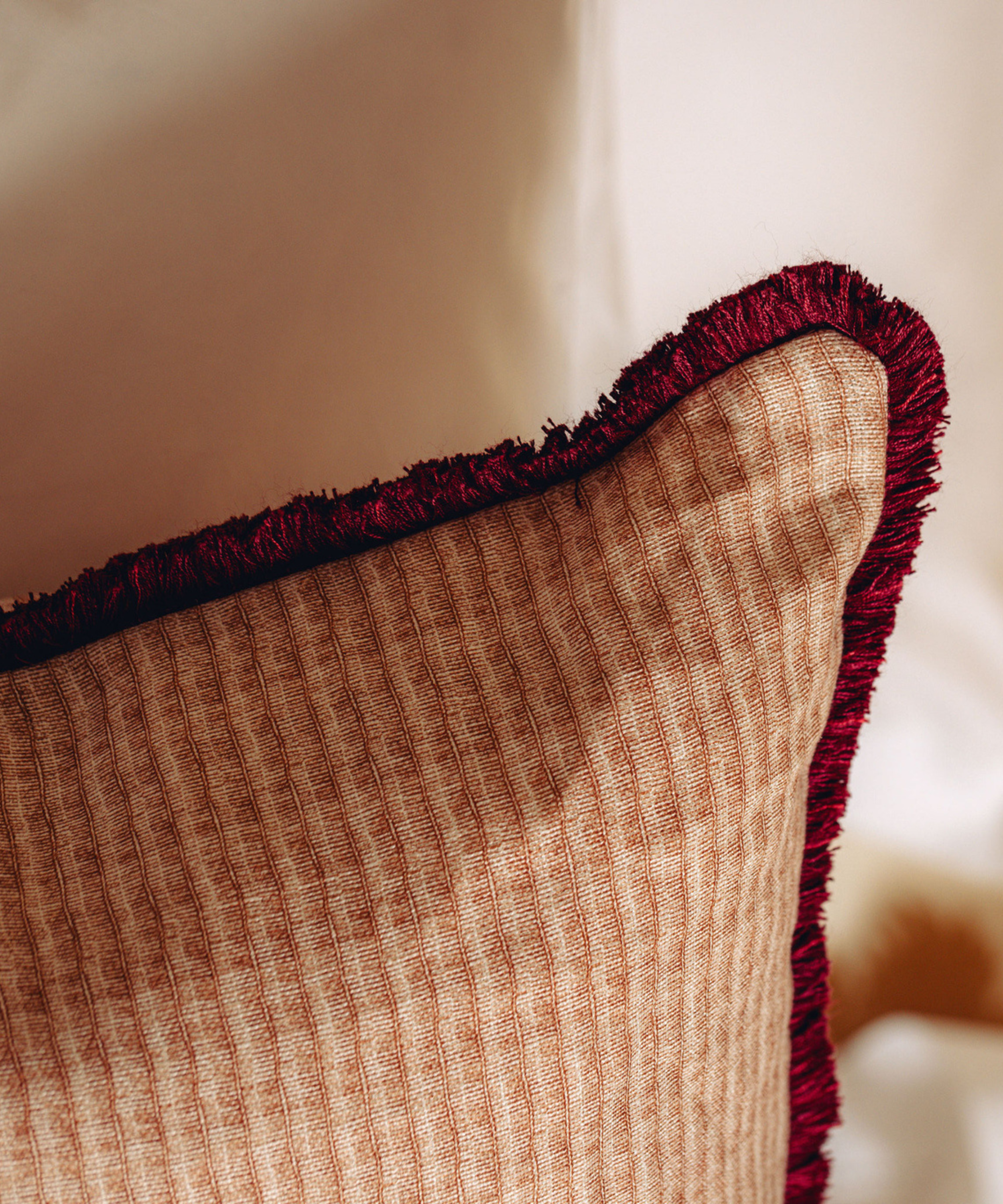 Margot Fringed Linen Cushion Cover, Rhubarb, Fringe Detail
